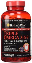 Фотография - Комплекс Омега 3 6 9 Triple Omega 3-6-9 Fish, Flax&Borage Oils Puritan's Pride тройная сила льняное и огуречное масло 240 капсул